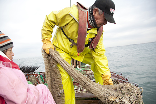 網を引き上げる漁師の画像
